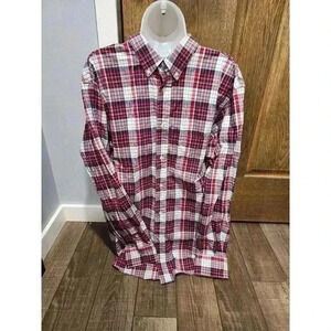 Haggar Stretch Shirt Mens XL Plaid Long Sleeve Button Up Red White Navy Blue